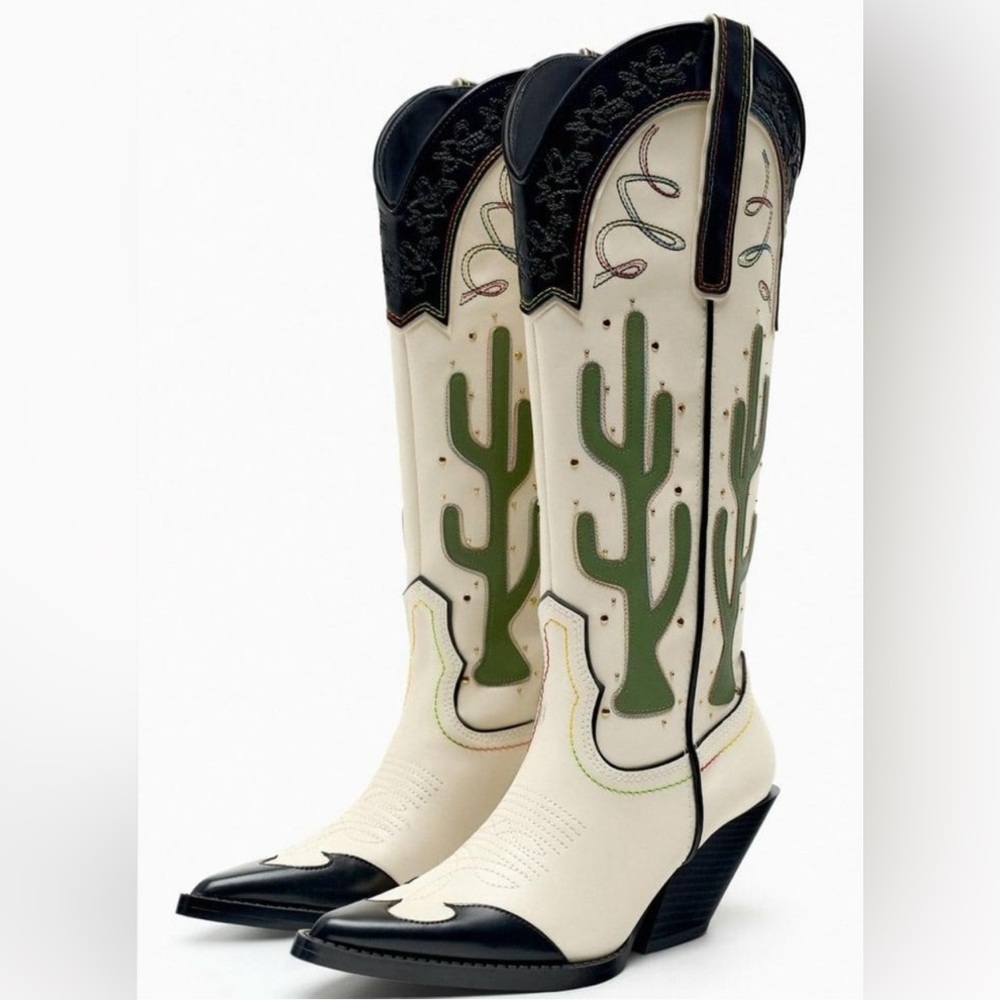 ZARA Western Cowboy Boots with Cactus Design